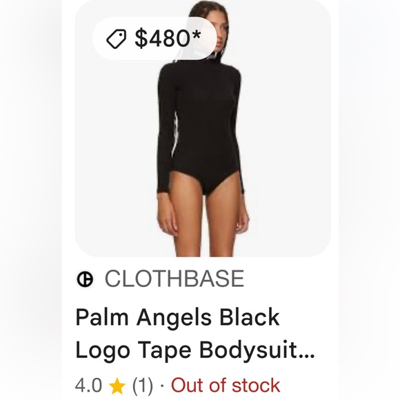 RARE PALM ANGELS Sz S logo tape high neck, bodycon stretchy bodysuit snap crotch - Picture 2 of 10